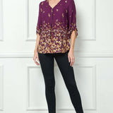 3/4 Button Tab Sleeve V-Neck Big Button Placket Front Popover Border Print Blouse