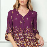 3/4 Button Tab Sleeve V-Neck Big Button Placket Front Popover Border Print Blouse