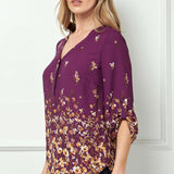 3/4 Button Tab Sleeve V-Neck Big Button Placket Front Popover Border Print Blouse
