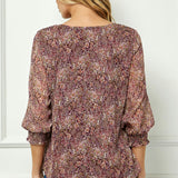 3/4 Smock Sleeve & Shoulder, Beaded Tie Front Neck Blouse in Burgundy