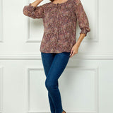 3/4 Smock Sleeve & Shoulder, Beaded Tie Front Neck Blouse in Burgundy