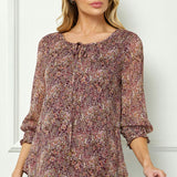 3/4 Smock Sleeve & Shoulder, Beaded Tie Front Neck Blouse in Burgundy