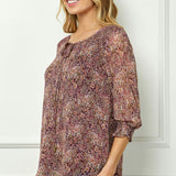 3/4 Smock Sleeve & Shoulder, Beaded Tie Front Neck Blouse in Burgundy