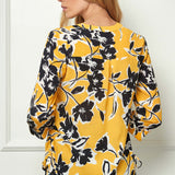 3/4 Tab Sleeve Mandarin Collar Blouse in Yellow/Ivory/Black