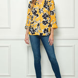 3/4 Tab Sleeve Mandarin Collar Blouse in Yellow/Ivory/Black