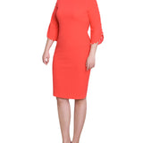 Raspberry 3/4 Pearl-Detail Petal Sleeve Dress