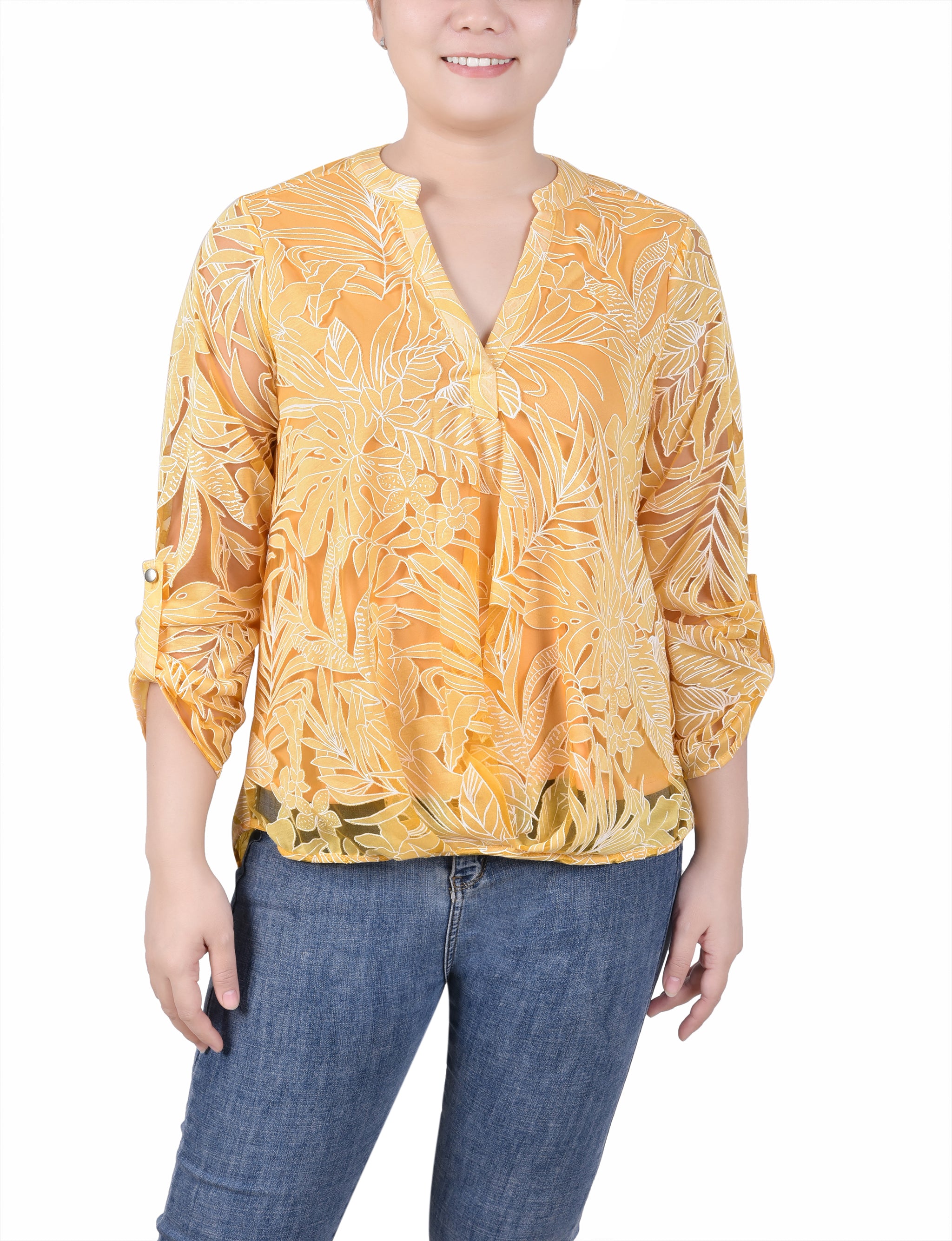 Long Sleeve Burnout Y-Neck Blouse