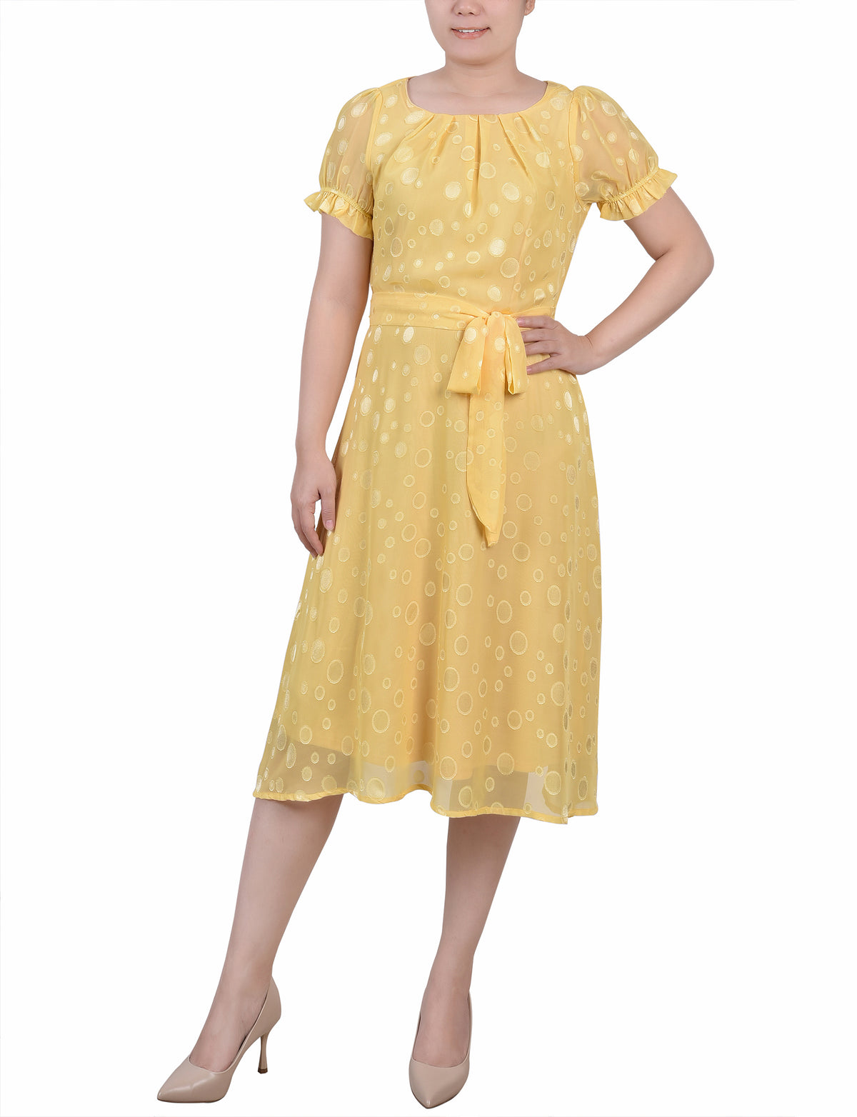 Yellow Multi Circle Short Sleeve Belted Swiss Dot Dress – Dressbarn display picture 1