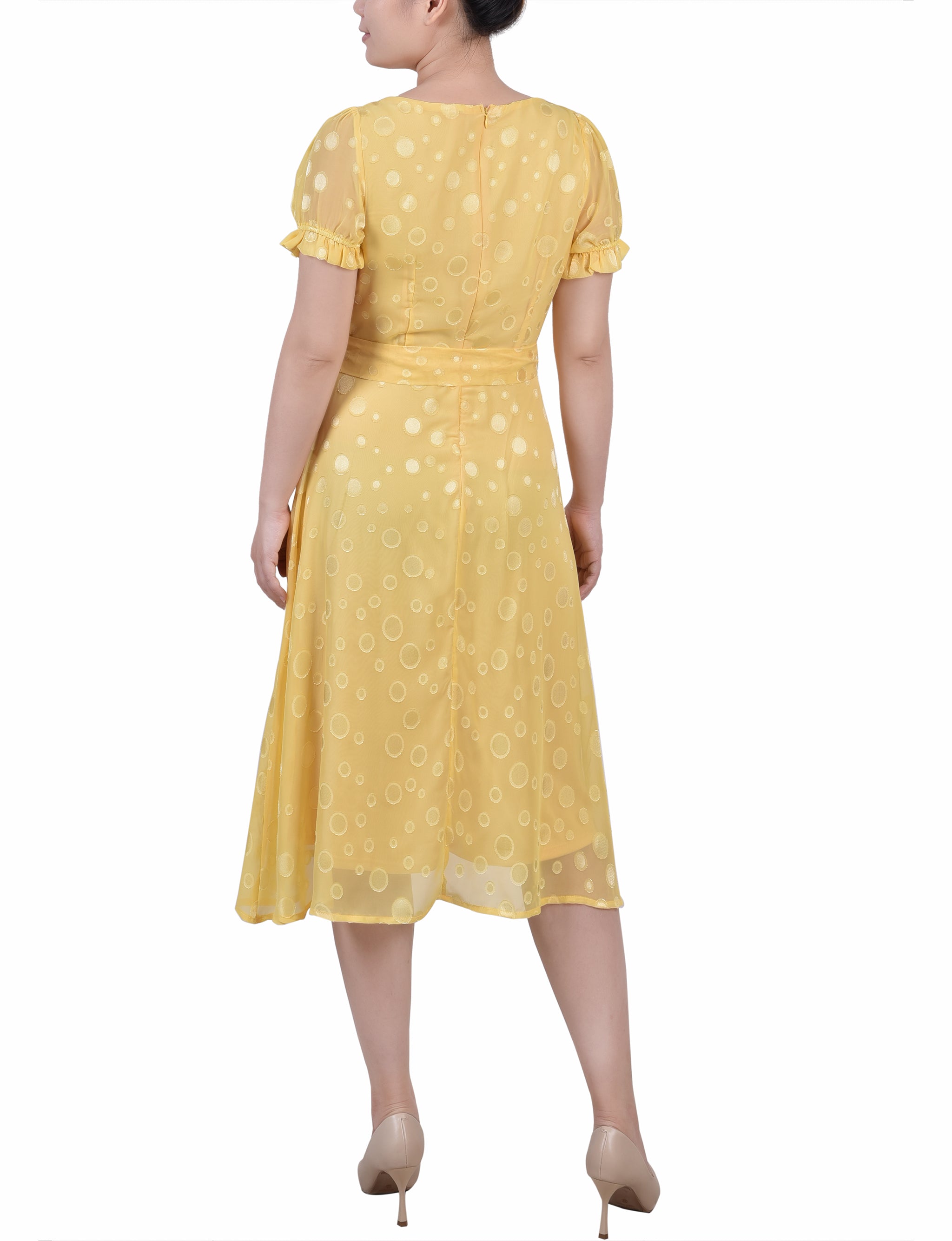 Yellow Multi Circle Short Sleeve Belted Swiss Dot Dress Yellow Multi Circle Short Sleeve Belted Swiss Dot Dress
