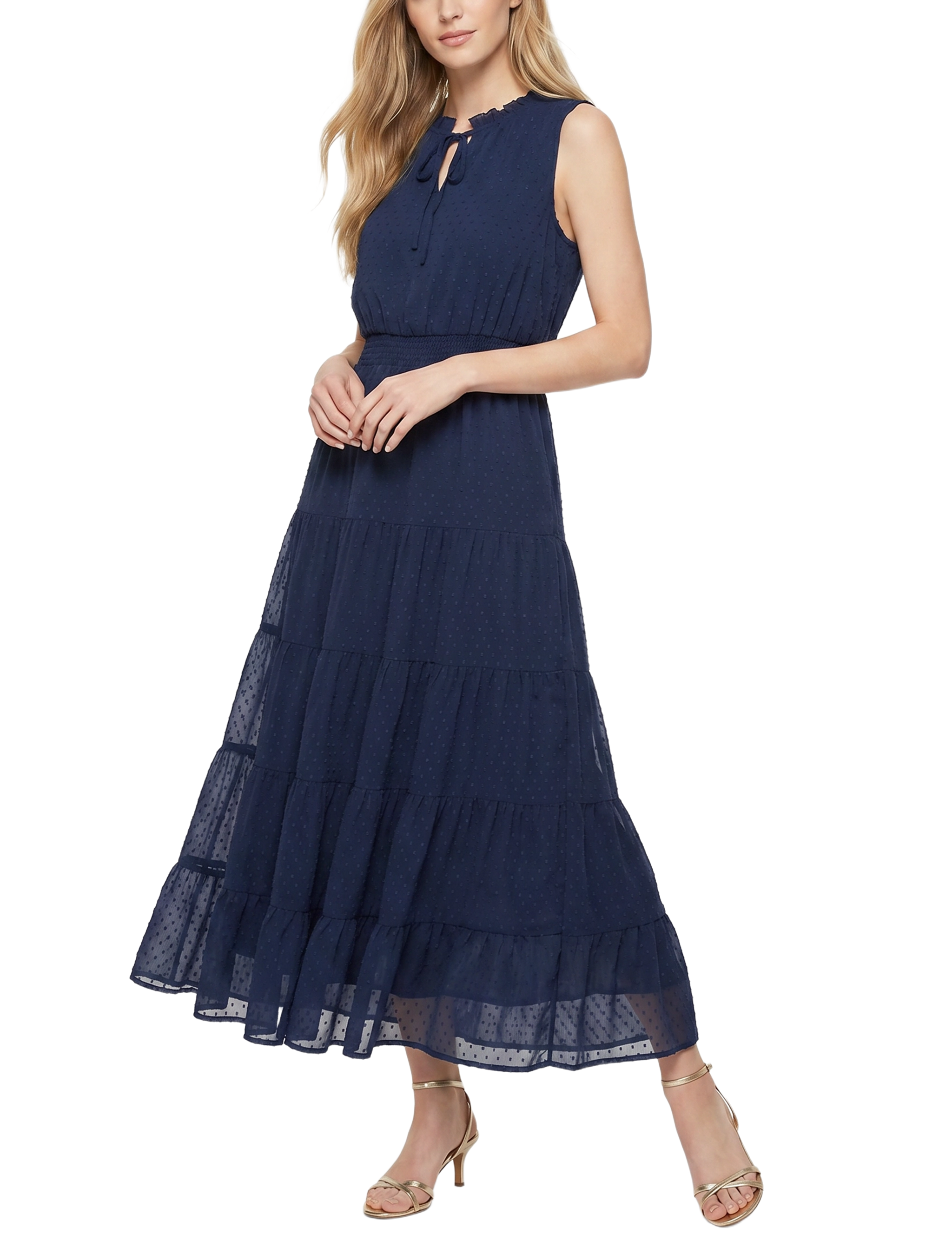 Sleeveless Tiered Swiss Dot Maxi Dress