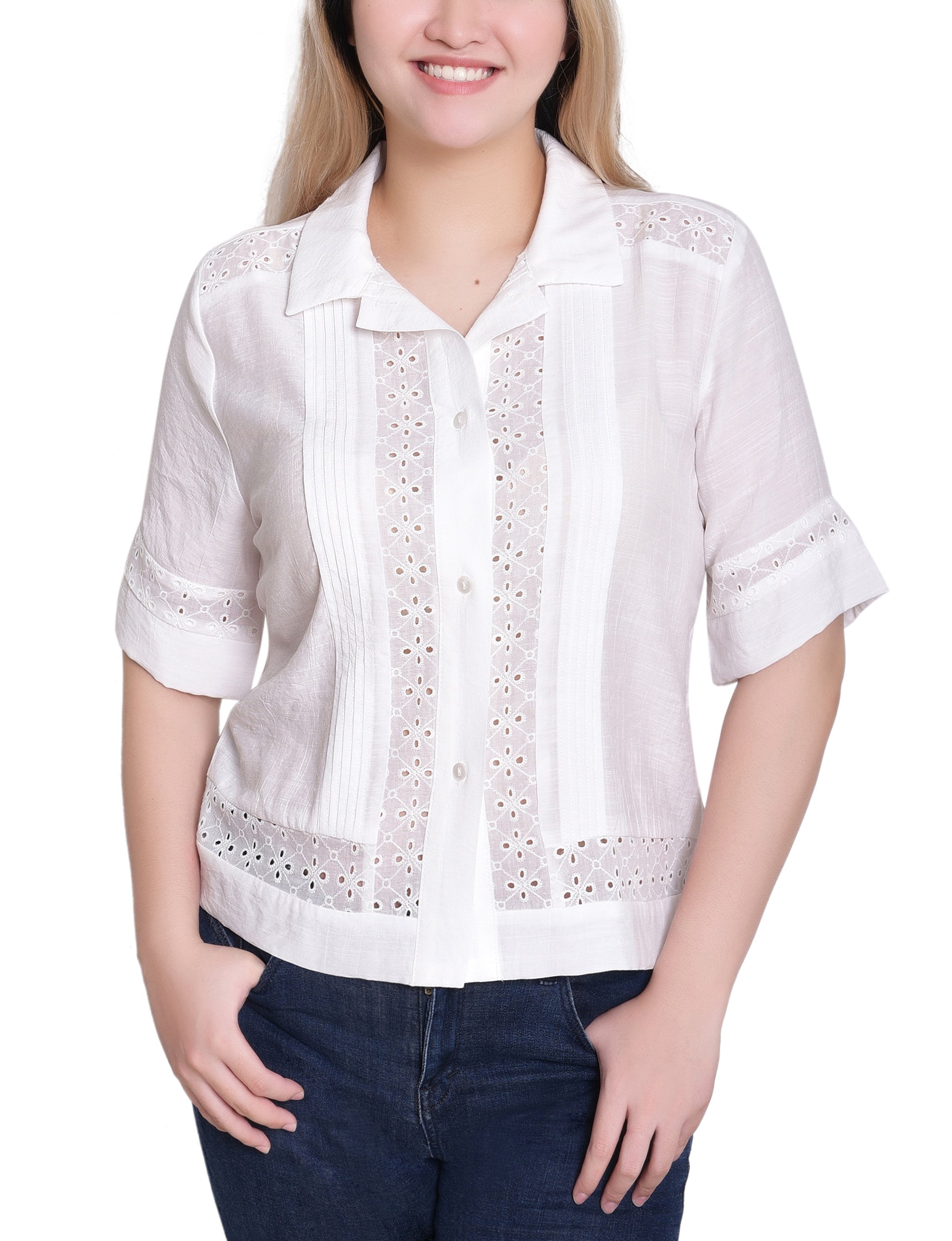 NY Collection Short Sleeve Eyelet-Inset Blouse