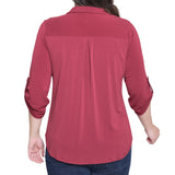 NY Collection Missy 3/4 Roll Tab Zip Front Top - Burgandy