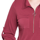 NY Collection Missy 3/4 Roll Tab Zip Front Top - Burgandy