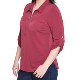 NY Collection Missy 3/4 Roll Tab Zip Front Top - Burgandy