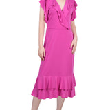 NY Collection Missy Short flutter Sleeve Ruffle Neck Dress - Magenta