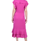 NY Collection Missy Short flutter Sleeve Ruffle Neck Dress - Magenta