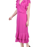 NY Collection Missy Short flutter Sleeve Ruffle Neck Dress - Magenta