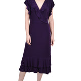 NY Collection Missy Short flutter Sleeve Ruffle Neck Dress - Purple