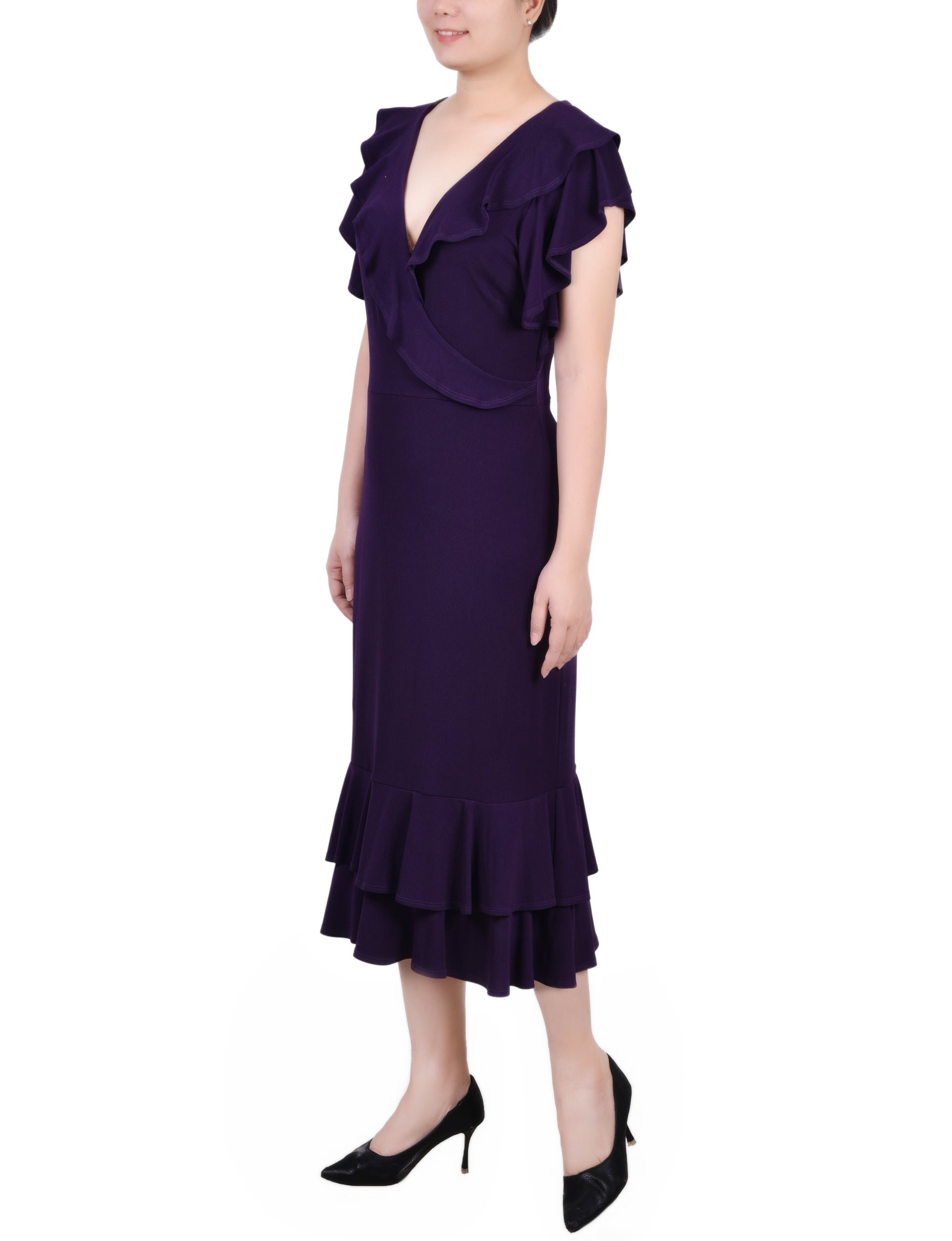 NY Collection Missy Short flutter Sleeve Ruffle Neck Dress NY Collection Missy Short flutter Sleeve Ruffle Neck Dress