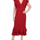 NY Collection Missy Short flutter Sleeve Ruffle Neck Dress - Red
