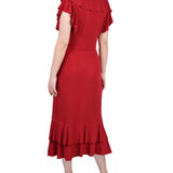 NY Collection Missy Short flutter Sleeve Ruffle Neck Dress - Red