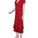 NY Collection Missy Short flutter Sleeve Ruffle Neck Dress - Red