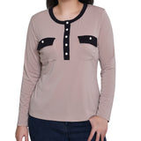 NY Collection Missy Long Sleeve Contrast Detail Top - Tan Black