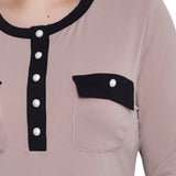 NY Collection Missy Long Sleeve Contrast Detail Top - Tan Black