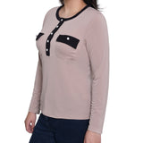 NY Collection Missy Long Sleeve Contrast Detail Top - Tan Black