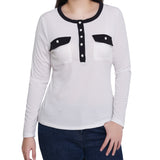 NY Collection Missy Long Sleeve Contrast Detail Top - White Black