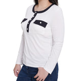 NY Collection Missy Long Sleeve Contrast Detail Top - White Black