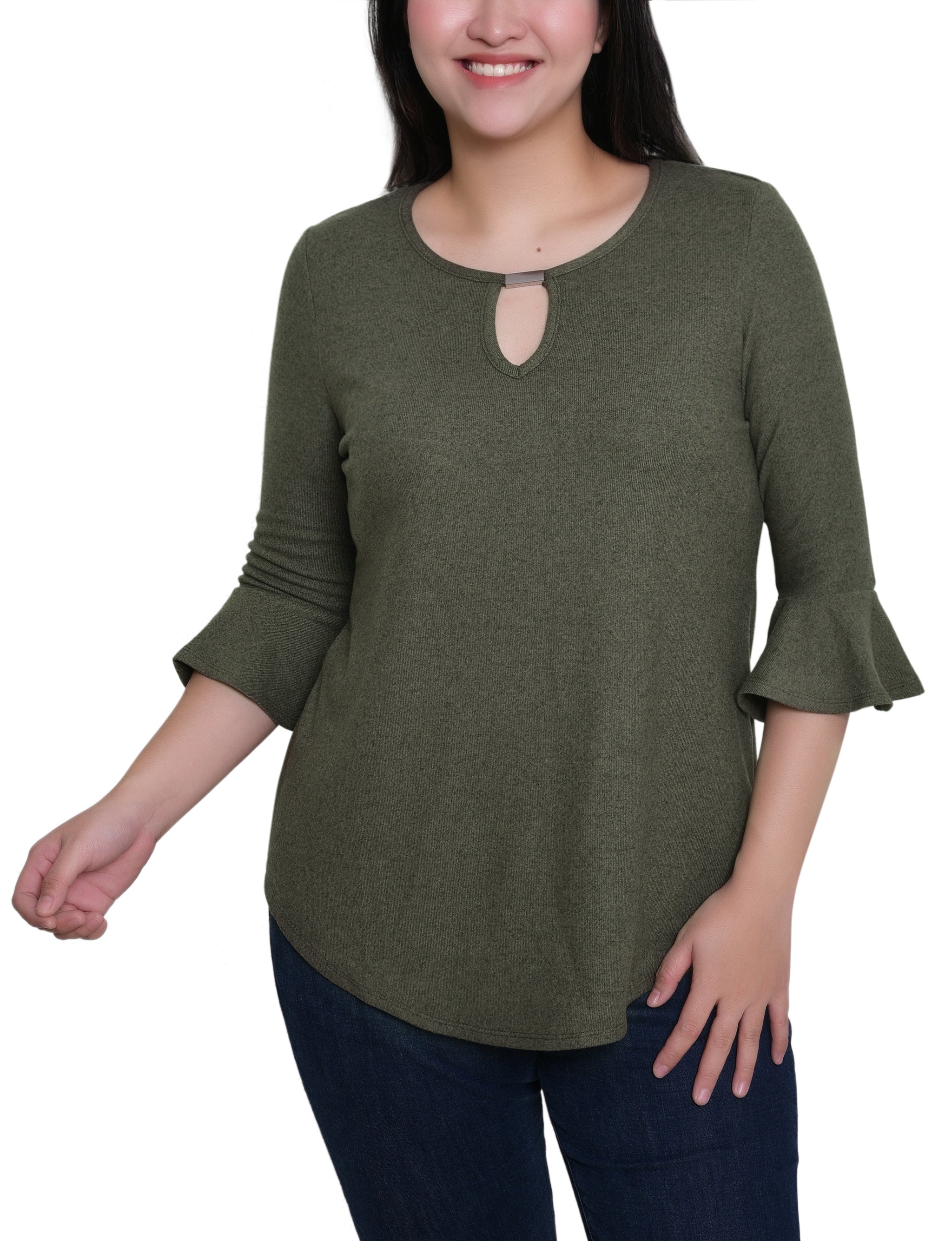 NY Collection 3/4 Bell Sleeve Top With Hardware