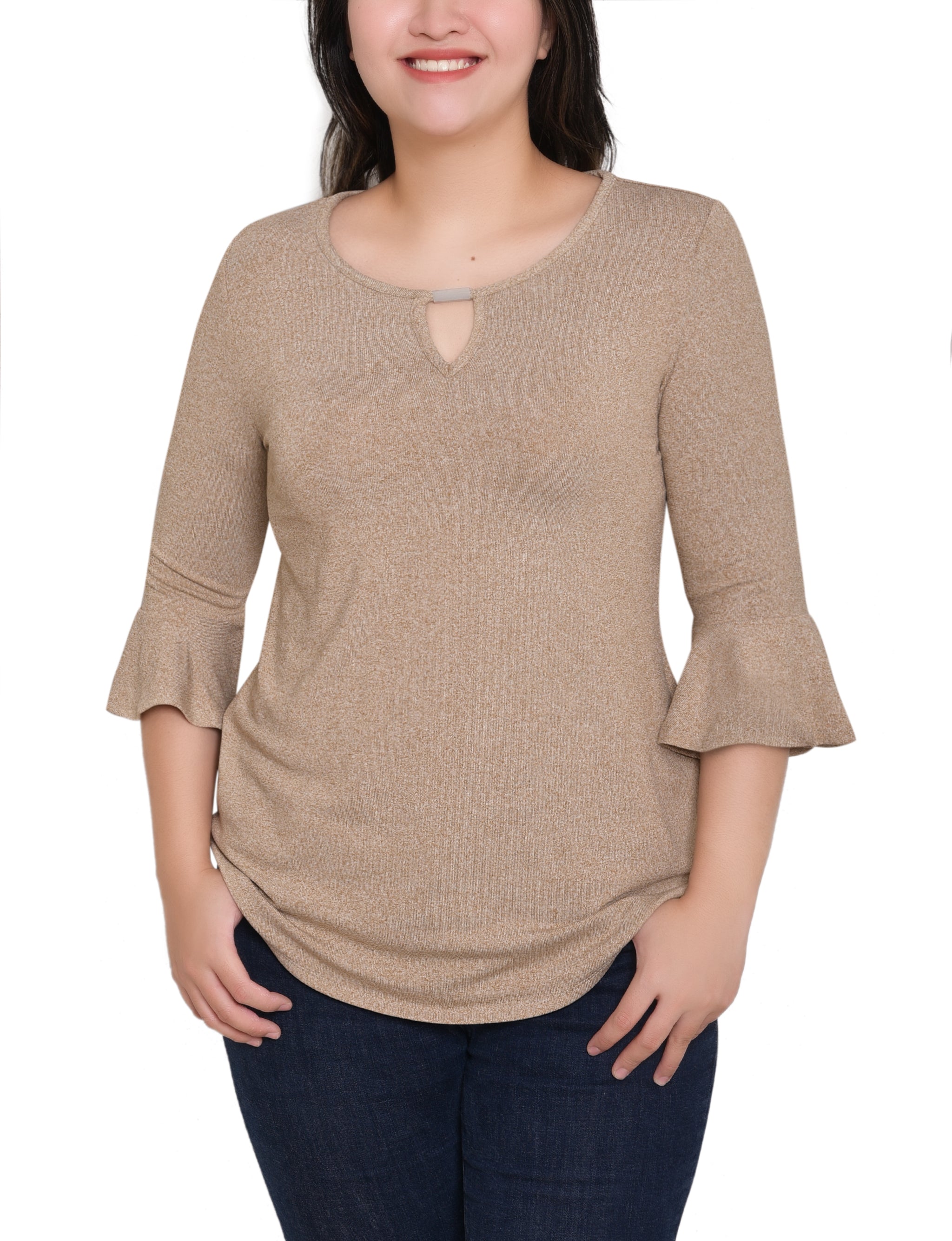 NY Collection 3/4 Bell Sleeve Top With Hardware