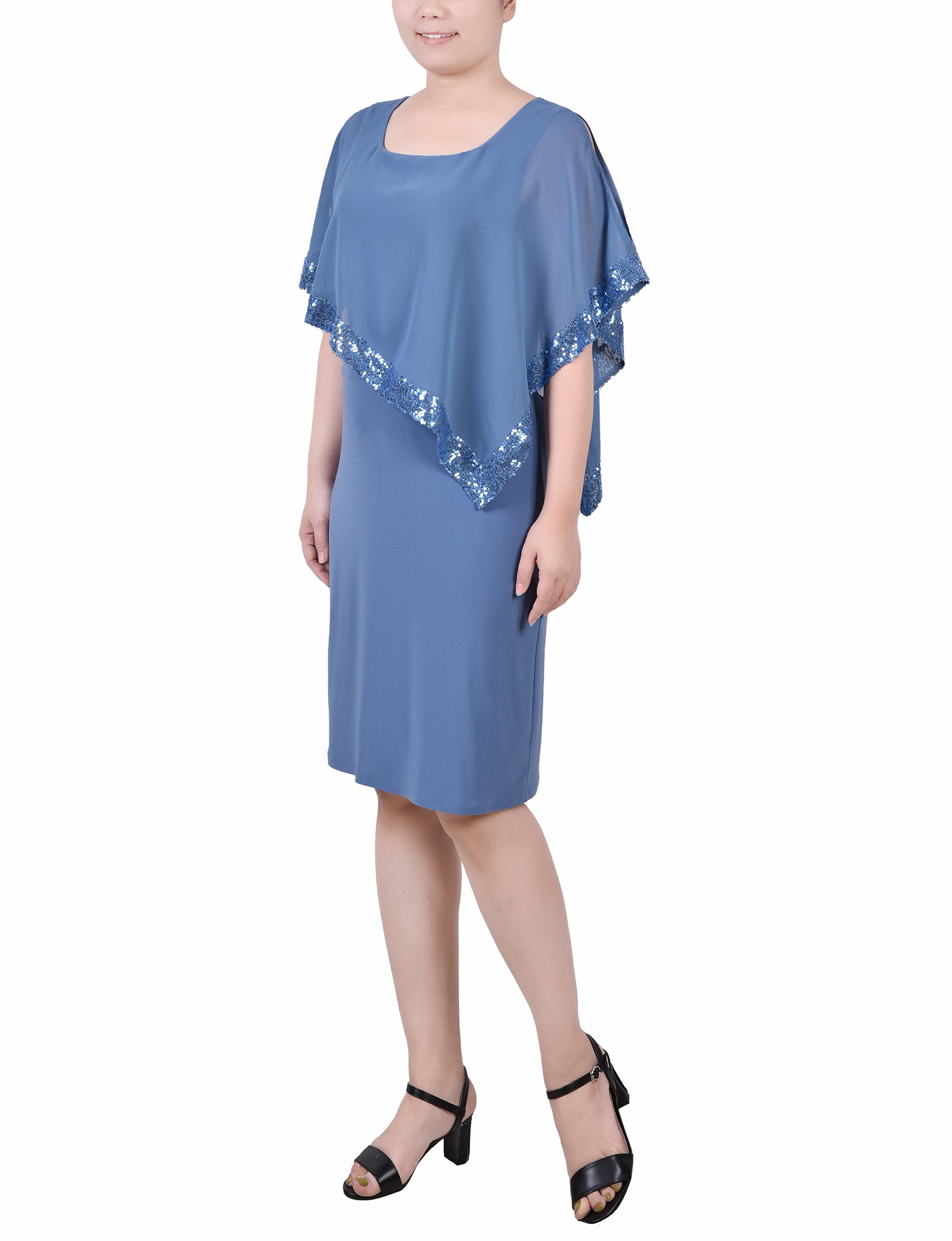 Faded Denim Poncho Style Sequined Dress Faded Denim Poncho Style Sequined Dress