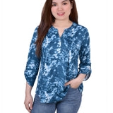 Knit Jacquard 3/4 Sleeve Roll Tab Top