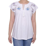 White Embroidered Yoke Extended Sleeve Top