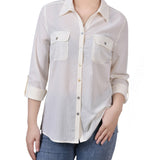 3/4 Sleeve Windowpane Button-Front Blouse