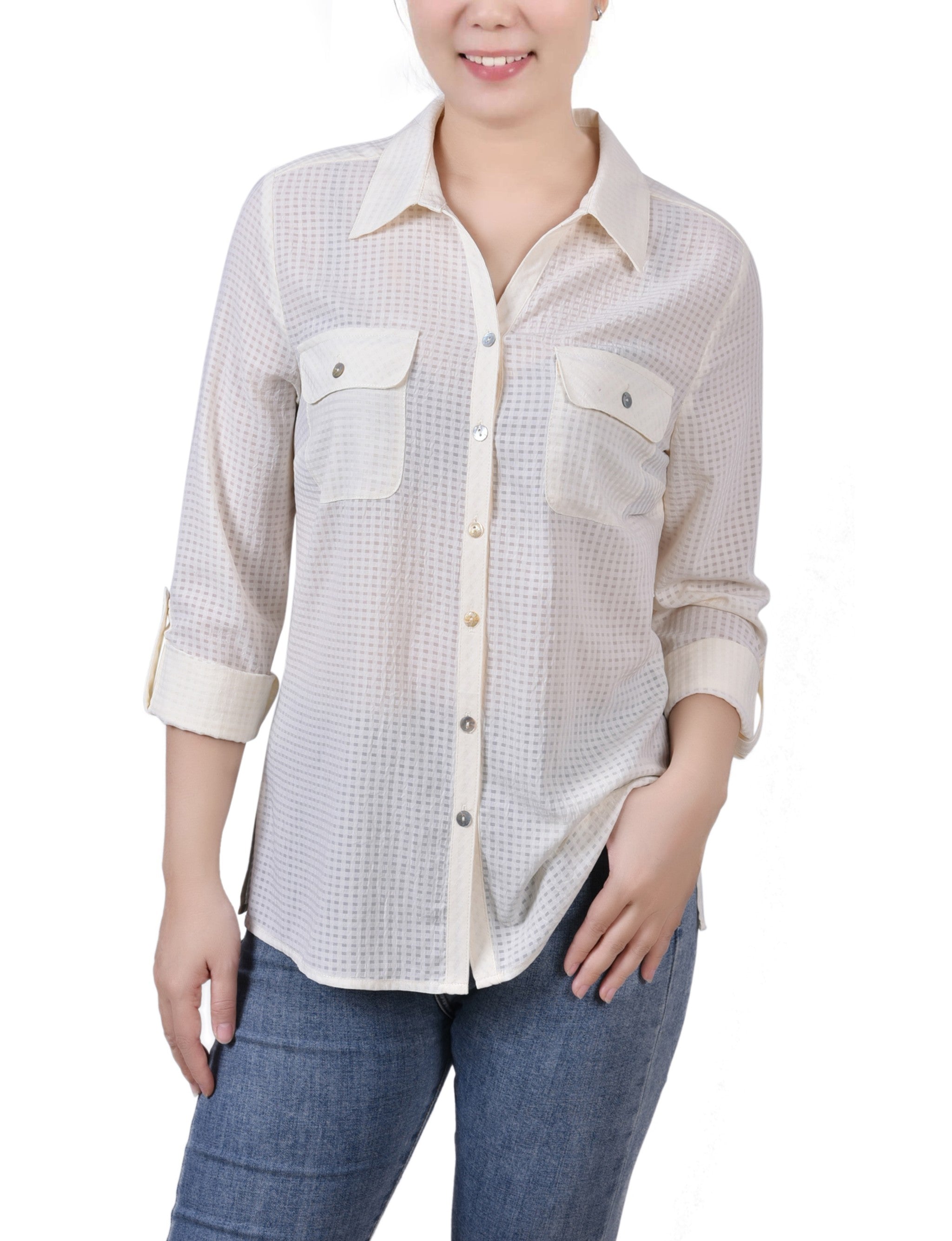 3/4 Sleeve Windowpane Button-Front Blouse