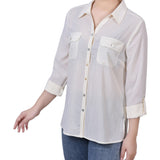 3/4 Sleeve Windowpane Button-Front Blouse