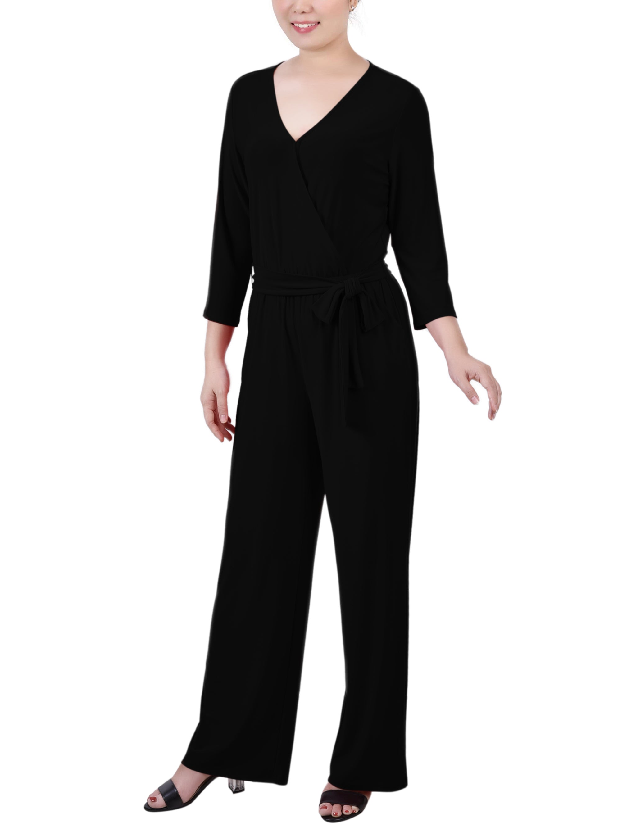 3/4 Sleeve Belted Jumpsuit, Black
