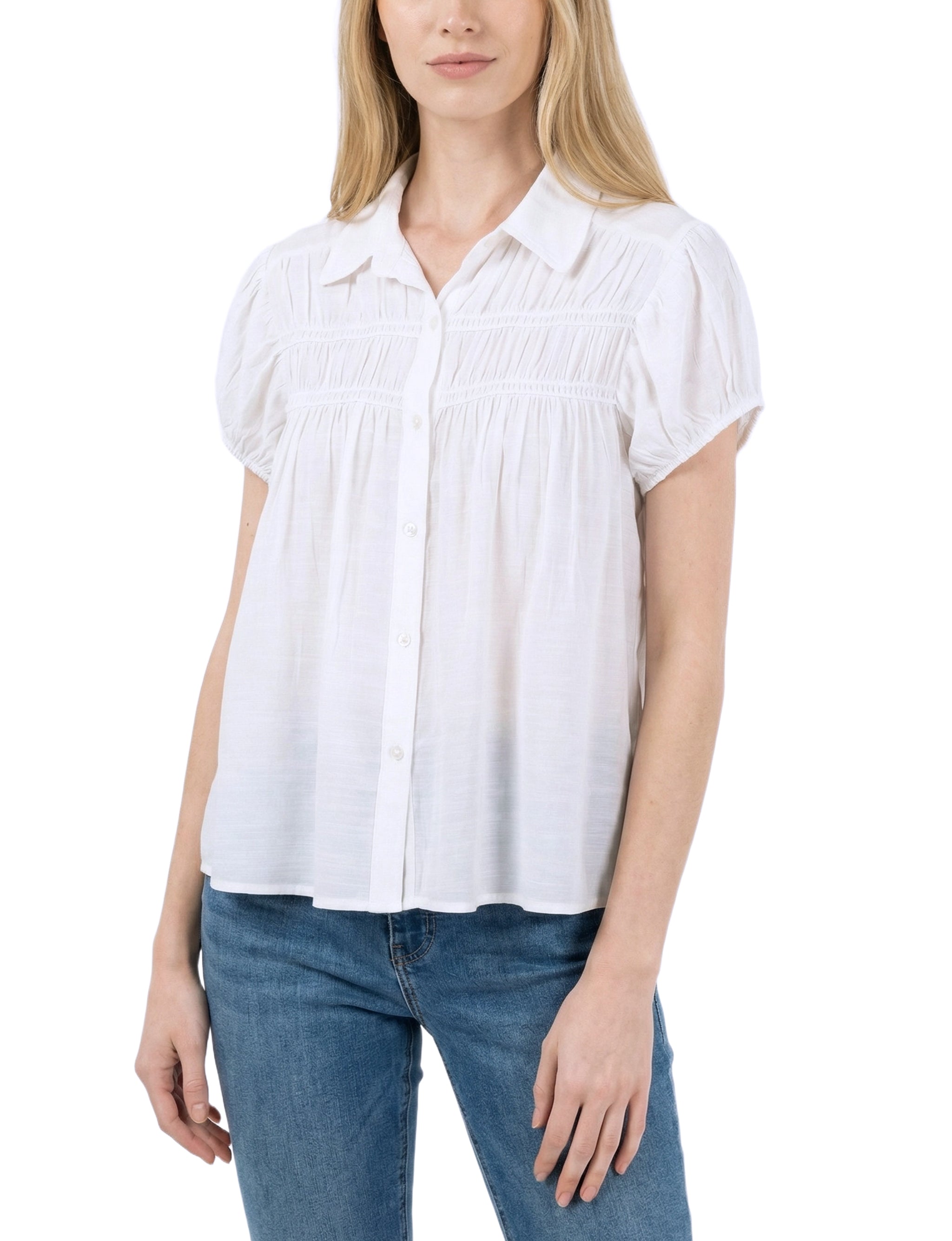NY Collection Cap Slv Rouched Yoke Blouse