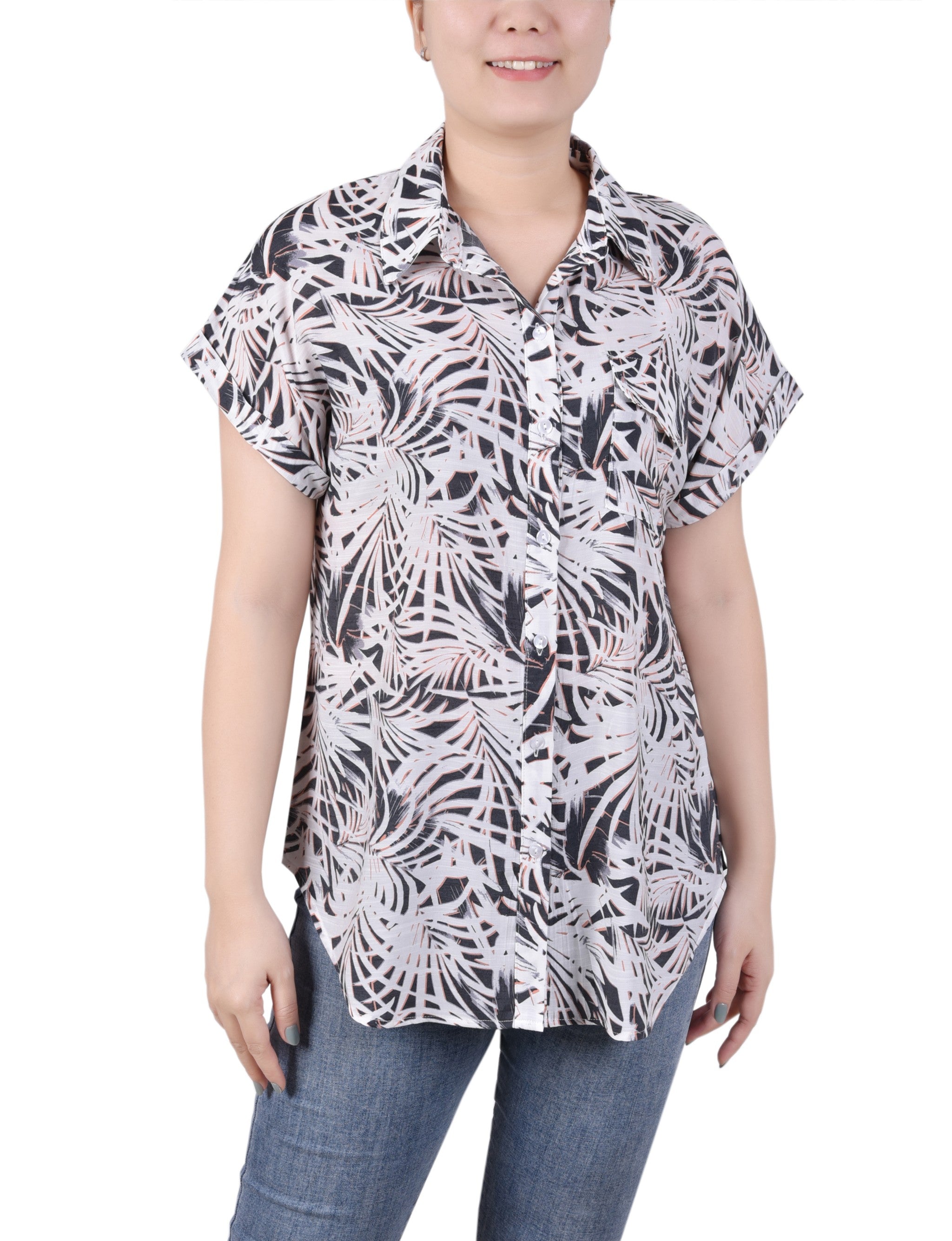 Short Rolled Sleeve Button Front Blouse, Black Palmdive