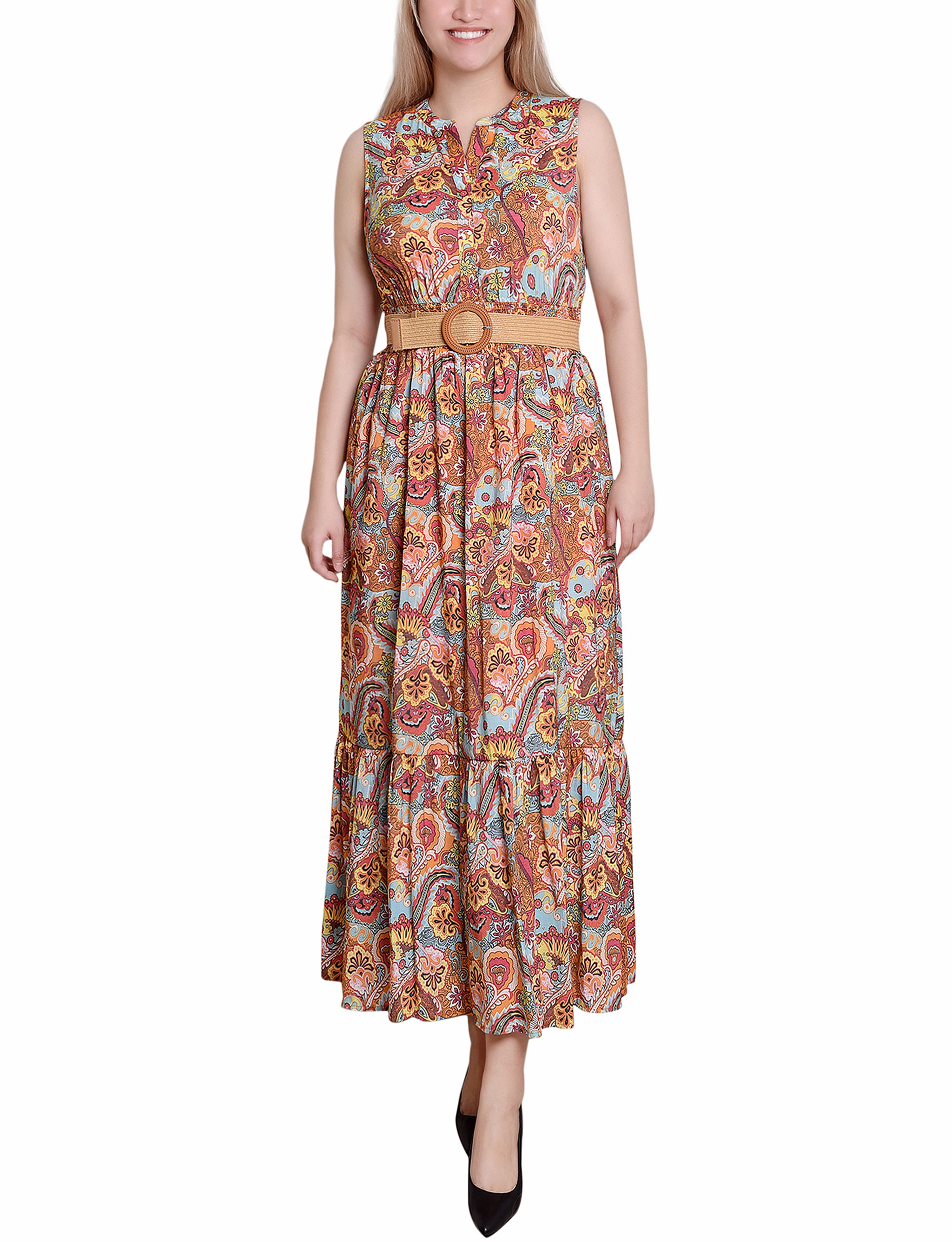 Sleeveless Belted Midi Dress Orange Mint Vines / L Sleeveless Belted Midi Dress Orange Mint Vines / L