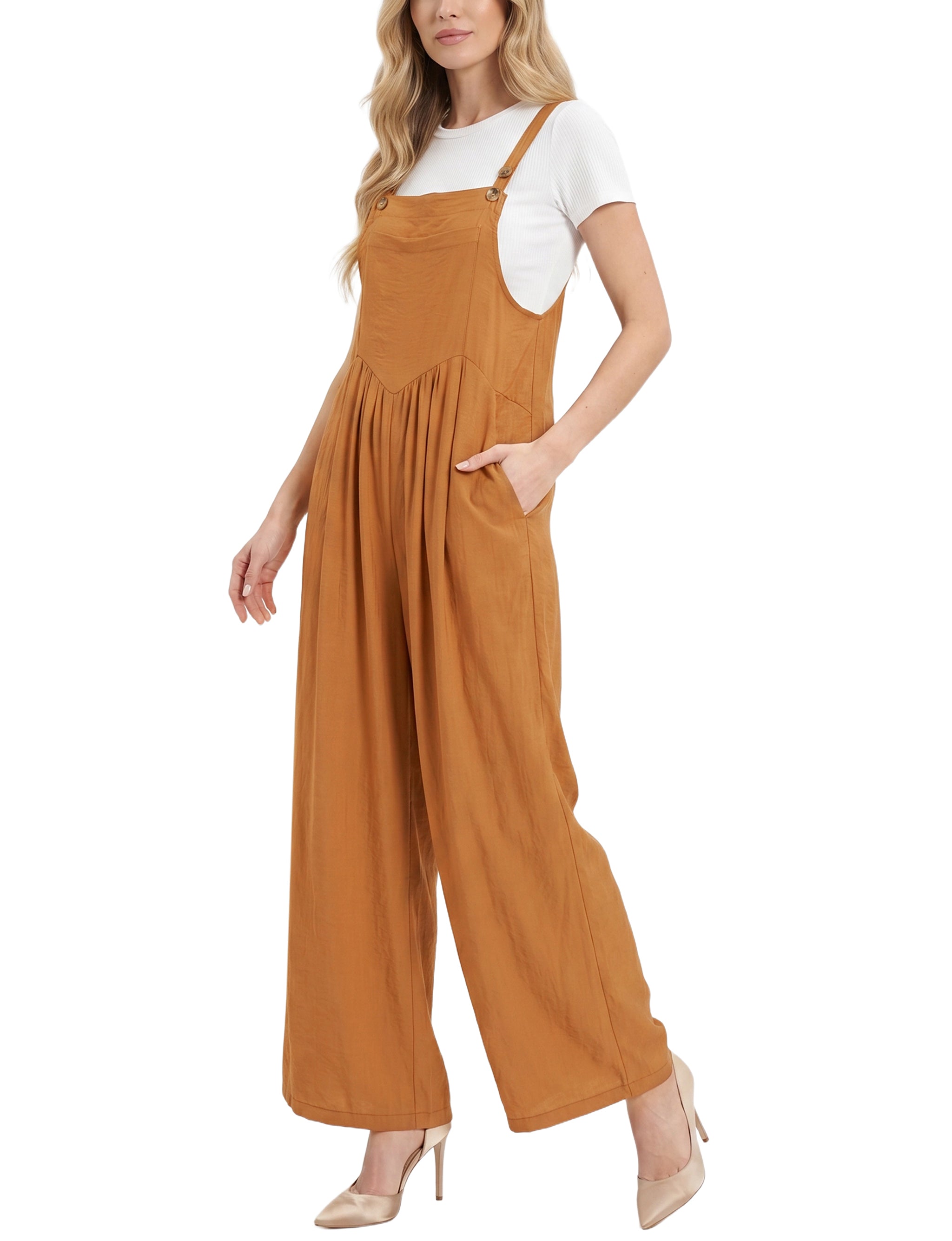 Sleeveless Wide-Leg Jumpsuit, Caramel
