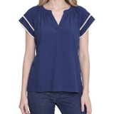 Double-Layer V-Neck Blouse, Patriot Blue White