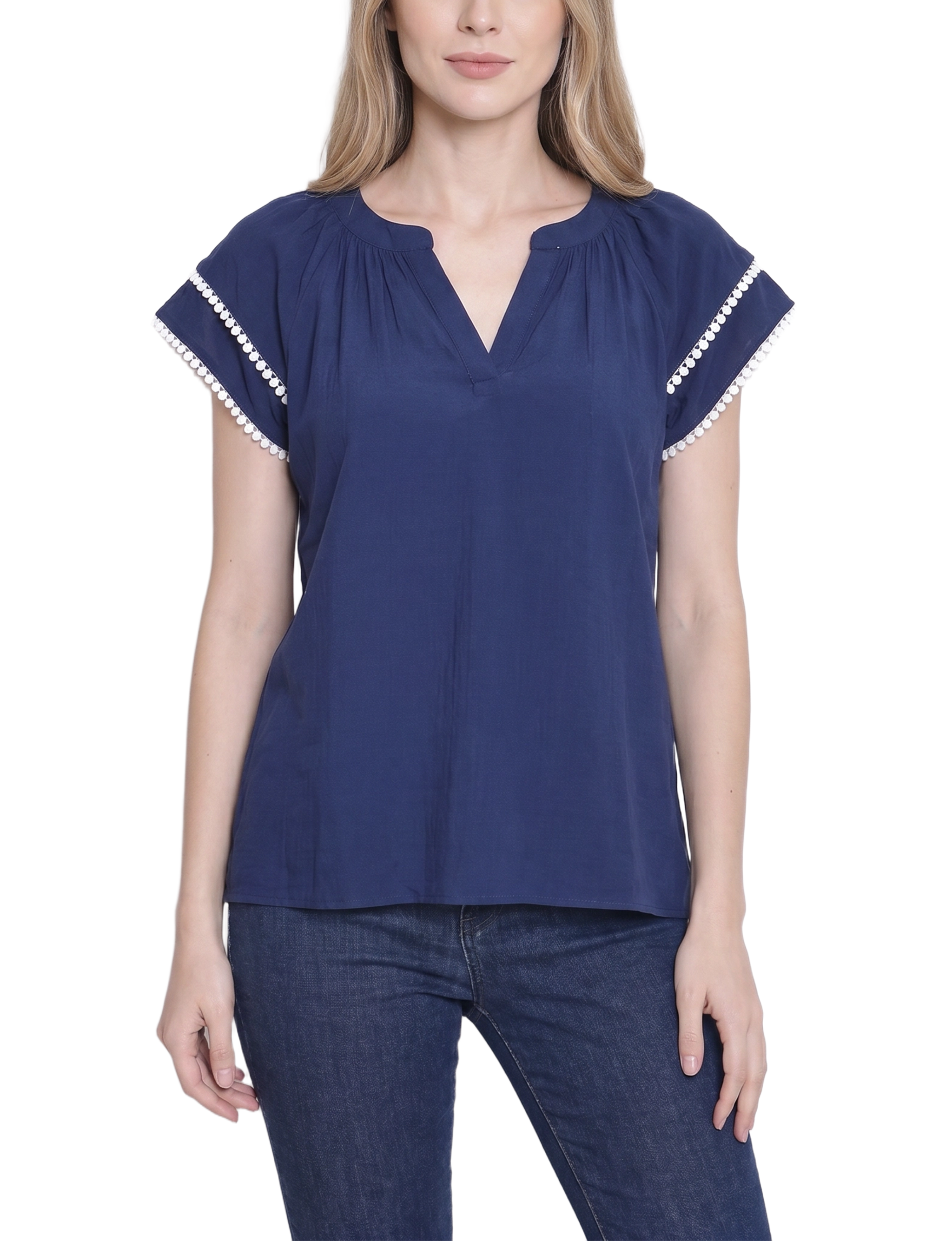 Double-Layer V-Neck Blouse, Patriot Blue White