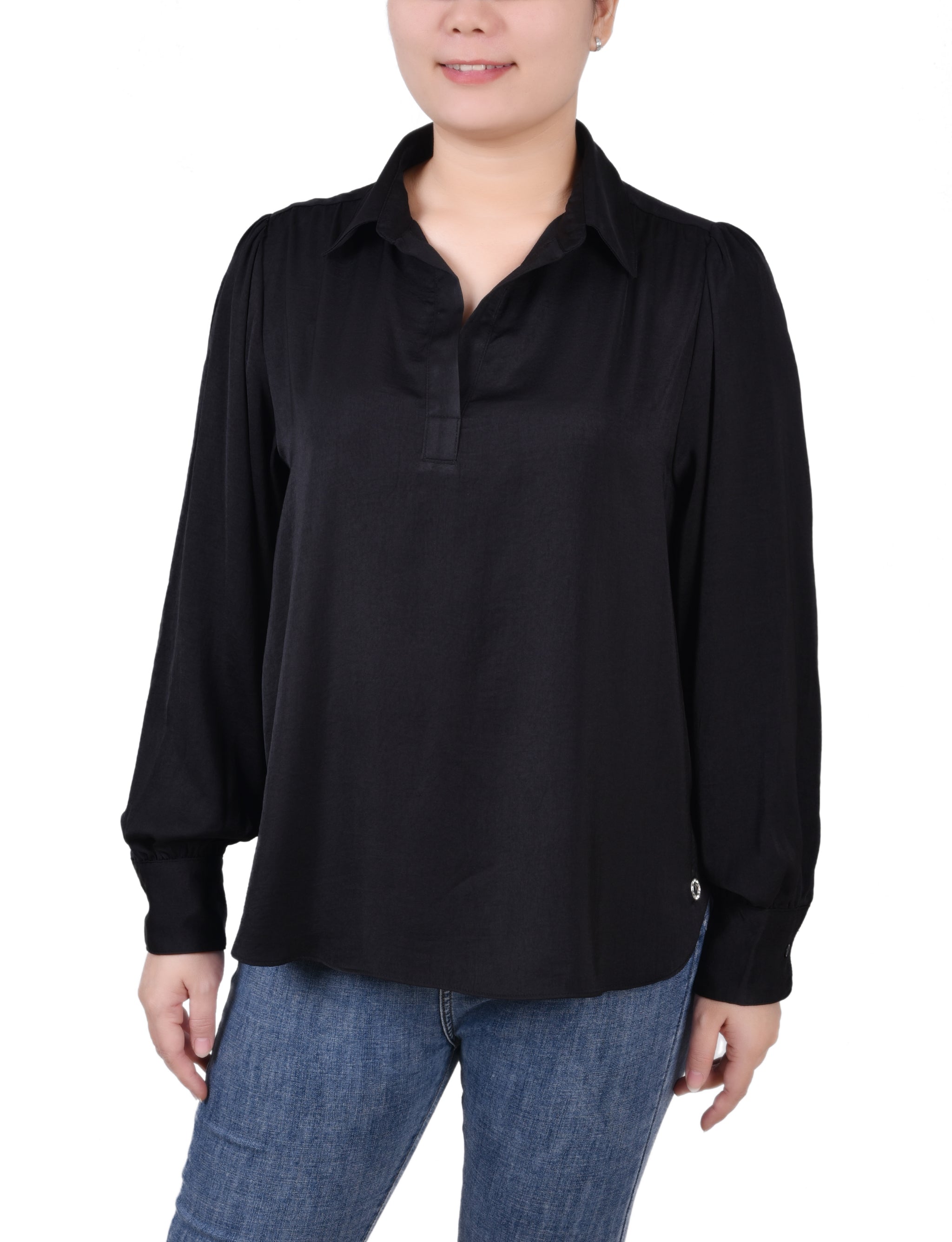 Long Puff Sleeve Satin Blouse, Black