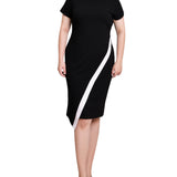 Short Sleeve Asymmetrical Hem Dress, Black, White