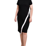 Short Sleeve Asymmetrical Hem Dress, Black, White