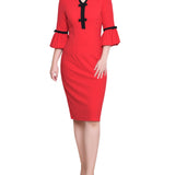 NY Collection Missy 3/4 Sleeve Contrast Detail Dress - Fire Red Black